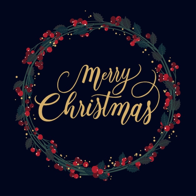 Feliz Navidad caligrafía manuscrita con oro y corona de frutos rojos.