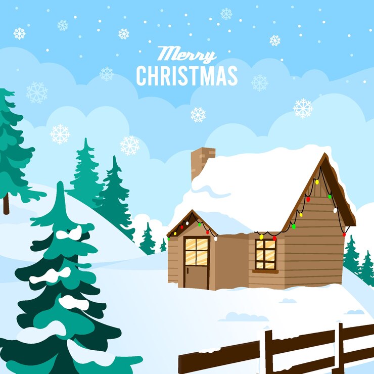 Feliz navidad con casa de madera