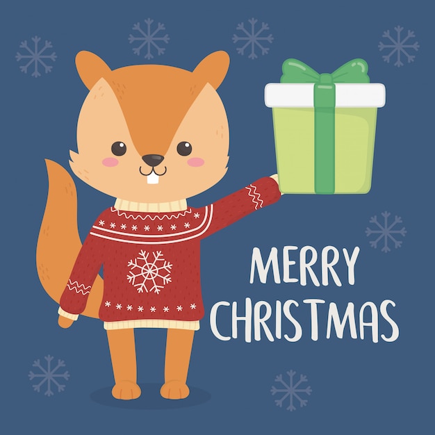 Feliz navidad celebración linda ardilla con suéter con regalo