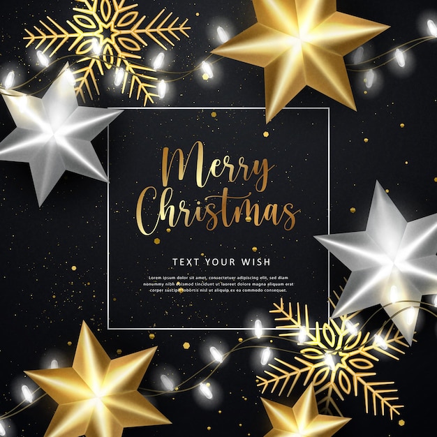 Feliz Navidad composición 3D realista decoración de plata dorada adornos de estrellas y cadena de luz