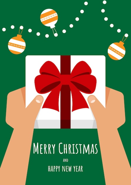 Feliz Navidad concepto decorativo con una persona con caja de regalo. El elemento de diseño se puede utilizar para tarjetas de felicitación, postales, telón de fondo, folletos, publicaciones, ilustración vectorial