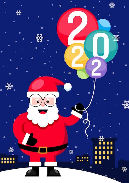 Feliz navidad concepto decorativo con santa claus sosteniendo 2022 globos. el elemento de diseño se puede utilizar para tarjetas de felicitación, postales, telón de fondo, folletos, publicaciones, ilustración vectorial