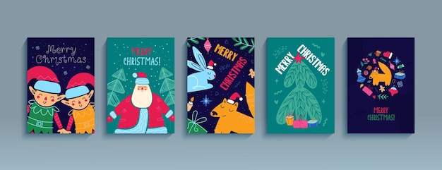 Feliz navidad conjunto de carteles plantilla tarjetas de felicitación volantes feliz año nuevo ilustración de dibujos animados