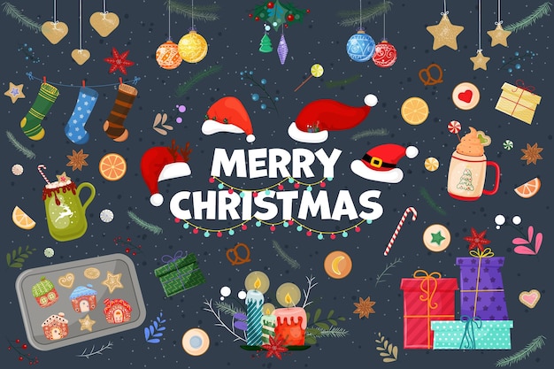 Feliz navidad conjunto de dibujos animados saludo postal celebración de año nuevo divertido diseño de vacaciones colección de calcetines envueltos juguetes de regalo sombrero de santa fondo oscuro ilustración vectorial