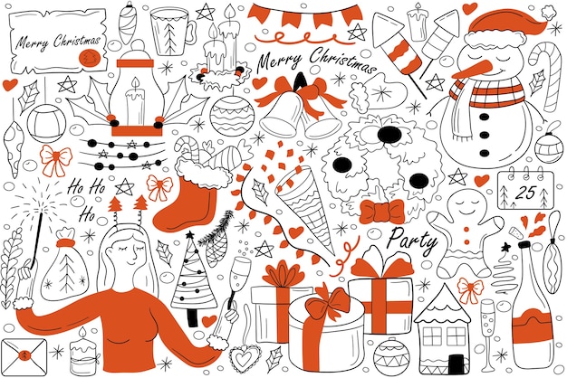 Feliz Navidad conjunto de doodle. Colección de garabatos de bocetos dibujados a mano.