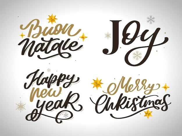 Feliz navidad conjunto feliz año nuevo tipografía letras insignia emblemas citas conjunto colección vector l