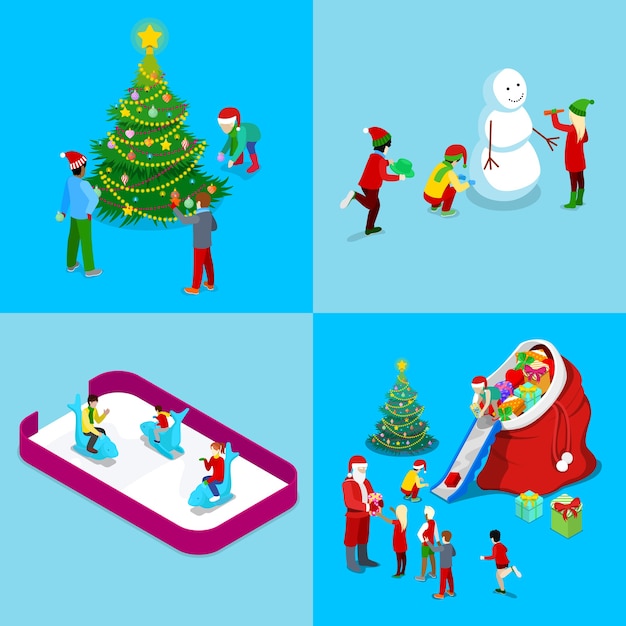 Feliz navidad conjunto de tarjetas de felicitación isométrica. santa con regalos, árbol de navidad con niños, pista de hielo. ilustración