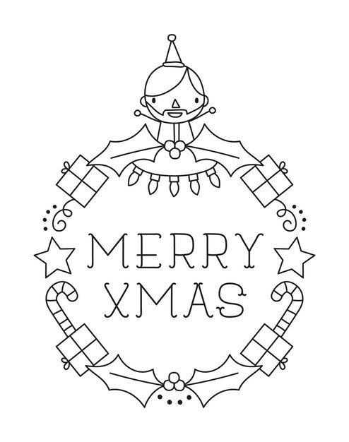 Feliz Navidad Corona de Papá Noel Ilustración de dibujo de líneas vectoriales