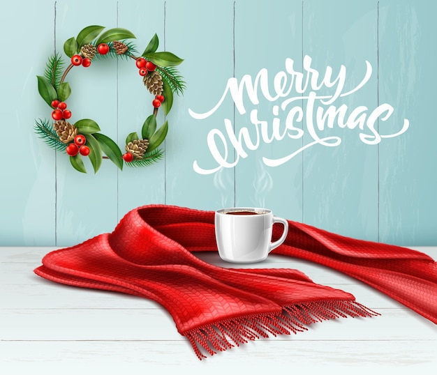 Vector feliz navidad corona en la pared de madera bufanda tejida roja con una taza de té de café caliente en la mesa
