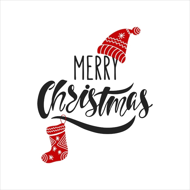Feliz Navidad. Dibujado a mano texto de caligrafía. Diseño de tipografía de vacaciones con sombrero y calcetín navideño. Tarjeta de felicitación de Navidad negra y roja.