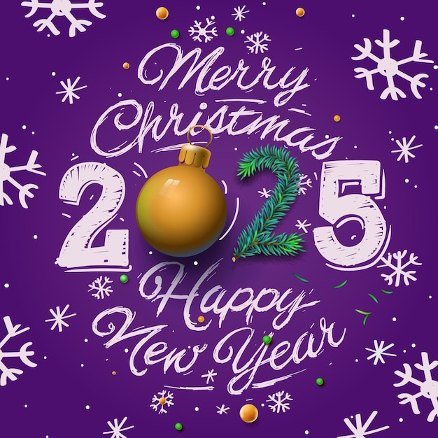 Feliz Navidad dibujo a mano número ornamental y texto y garabateo copos de nieve en fondo púrpura