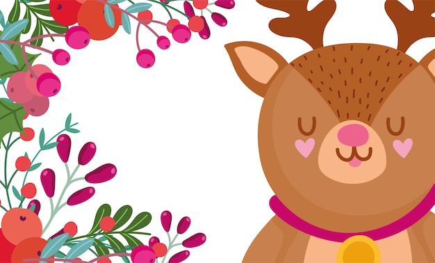Vector feliz navidad, dibujos animados de renos y decoración floral tarjeta de celebración ilustración vectorial