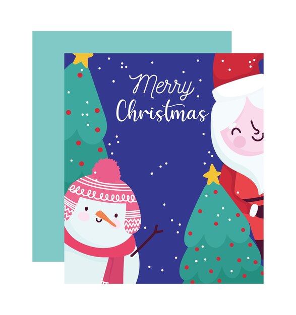 Feliz navidad, dibujos animados santa muñeco de nieve árboles decoración celebración tarjeta para saludo ilustración