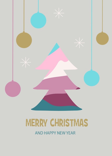 Vector feliz navidad diseño moderno árbol de navidad y bolas de navidad en colores de moda para 2023