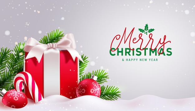 Feliz Navidad diseño de texto vectorial caja de regalos de Navidad y bolas de Navidad en nieve helada invierno al aire libre