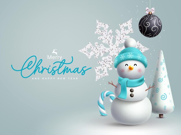 Feliz Navidad diseño vectorial de saludos Hombre de nieve de Navidad personaje con sombrero y bufanda
