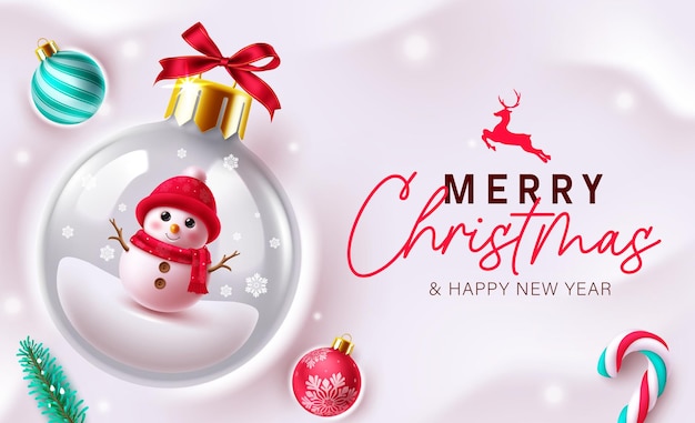 Feliz Navidad diseño vectorial de saludos de Navidad texto de saludos con lindo personaje de muñeco de nieve en vidrio