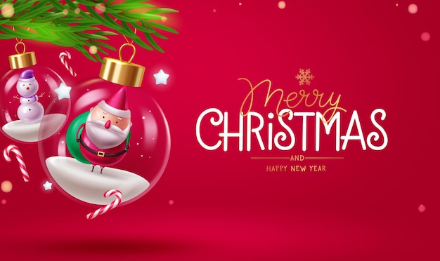 Feliz Navidad diseño vectorial texto de felicitación de Navidad con Papá Noel y el muñeco de nieve