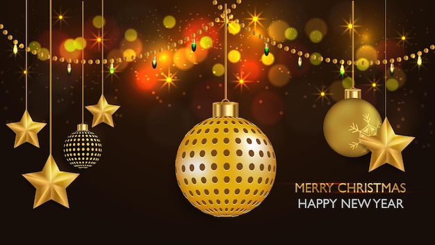 Vector feliz navidad efecto de luz bokeh star ball y feliz año nuevo plantilla de diseño de fondo