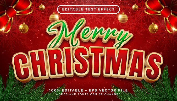 Vector feliz navidad efecto de texto 3d y efecto de texto editable con fondo navideño
