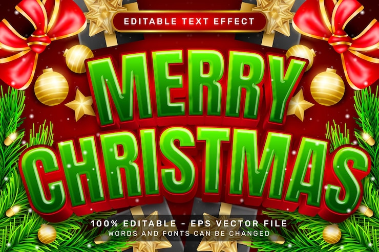 Vector feliz navidad efecto de texto 3d y efecto de texto editable con fondo navideño