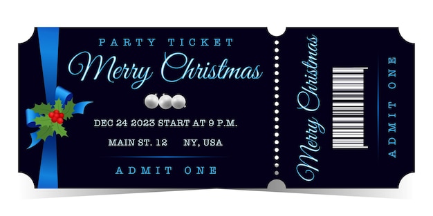 Feliz Navidad elegante boleto de fiesta horizontal para admitir uno con lazo azul