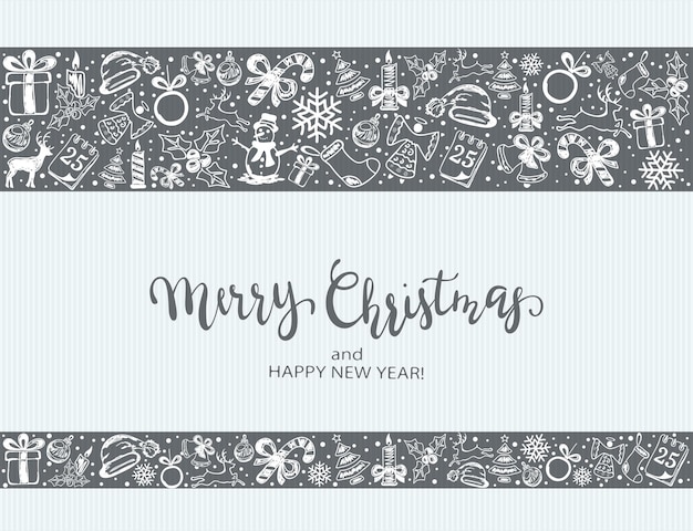 Feliz Navidad con elementos decorativos sobre un fondo azul. Tarjeta navideña con letras y decoración, ilustración.