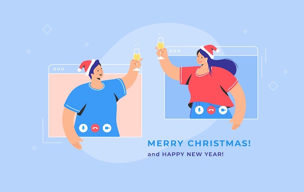 Feliz Navidad enhorabuena a través de videollamada. Ilustración de vector de concepto de hombre y mujer joven se saludan con una copa de champán en la pantalla. Saludos y saludos navideños online