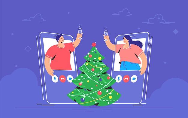 Vector feliz navidad enhorabuena a través de videollamada. ilustración de vector de concepto de mujer joven y hombre se saludan con una copa de champán cerca del árbol de navidad. saludos y saludos navideños online