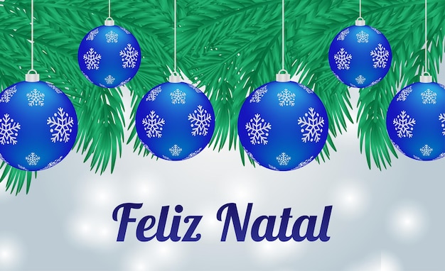 Feliz Navidad Escrita en Portugués con Bolas Azules y Ramas Verdes de Árbol de Navidad