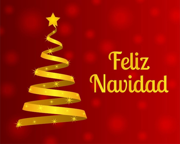 Vector feliz navidad escrito en español con cinta dorada árbol de navidad en fondo de luces rojas bokeh