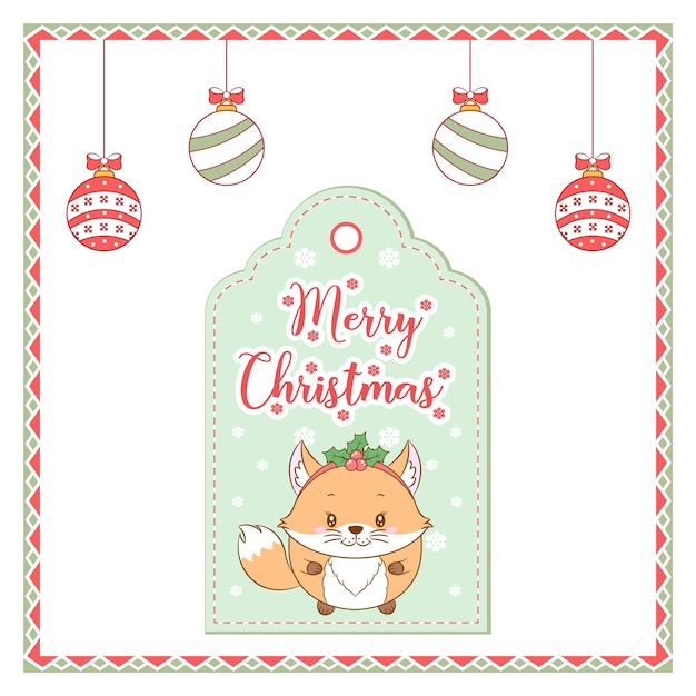 Feliz navidad etiqueta de tarjeta de dibujo de animal lindo y adornos para colorear