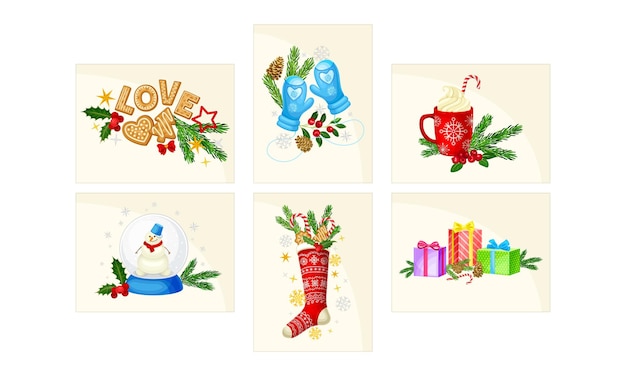 Feliz Navidad y felices fiestas tarjetas con rama de abeto y regalos conjunto vectorial