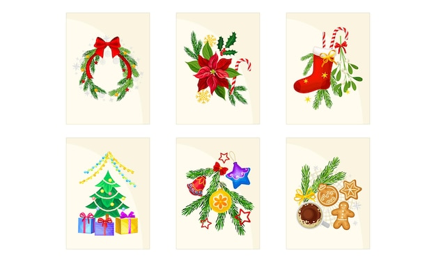 Feliz Navidad y felices fiestas tarjetas con rama de abeto y regalos conjunto vectorial