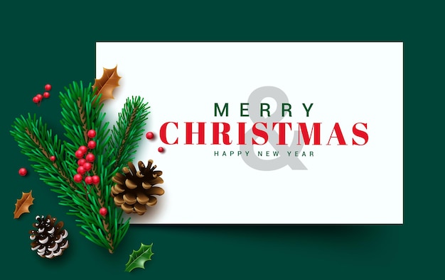 Feliz Navidad felicitaciones diseño de plantilla vectorial texto de felicitación de Navidad en marco blanco con pino