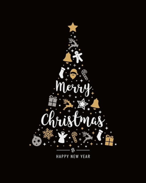 Feliz Navidad felicitaciones elementos árbol fondo negro