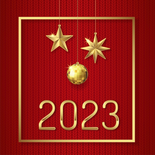 Vector feliz navidad y feliz año nuevo 2023 banner colgando estrellas, marco y bolas doradas con purpurina