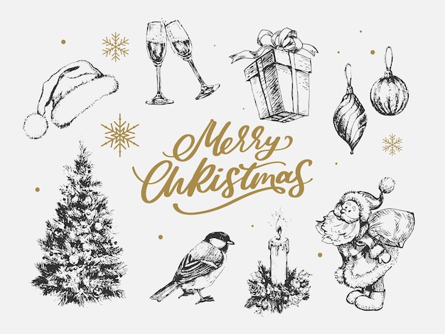 Feliz Navidad Feliz Año Nuevo 2023 Conjunto de tipografía Vector logo emblemas diseño de texto Utilizable para pancartas tarjetas de felicitación regalos, etc.