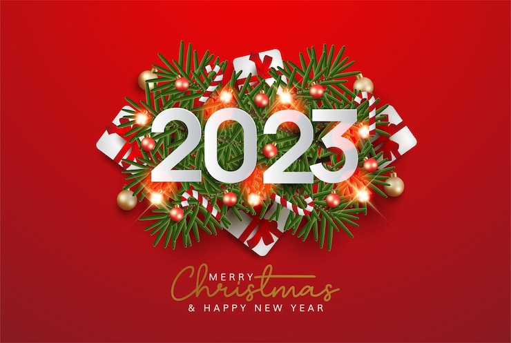 Vector feliz navidad y feliz año nuevo 2023 sobre fondo rojo.