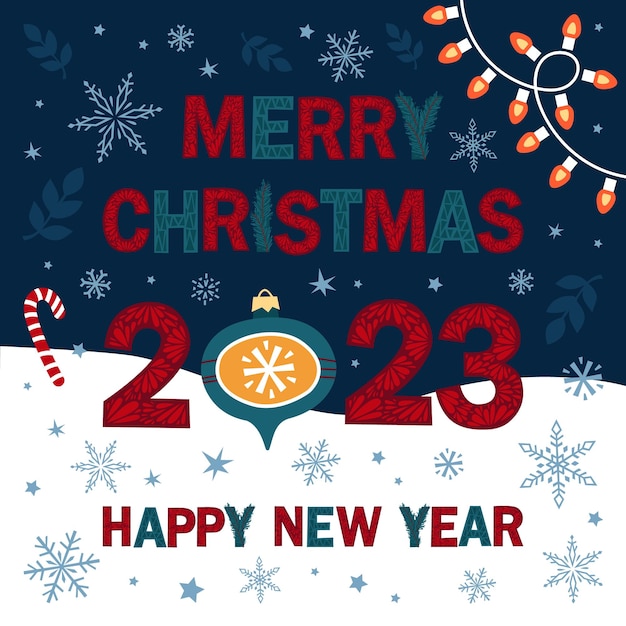 Feliz Navidad y Feliz Año Nuevo 2023 tarjeta con elementos de invierno linda ilustración dibujada a mano