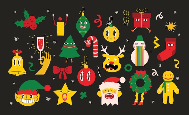Feliz Navidad y Feliz Año Nuevo 2023 Vector ilustraciones abstractas de moda de tarjeta navideña con ciervos de santa claus formas geométricas locas árbol de navidad y corona para cartel