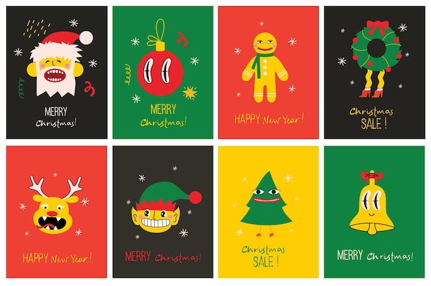 Feliz Navidad y Feliz Año Nuevo 2023 Vector ilustraciones abstractas de moda de tarjeta navideña con ciervos de santa claus formas geométricas locas árbol de navidad y corona para cartel