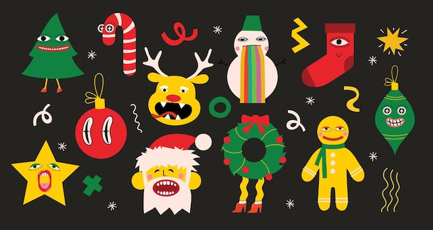 Feliz navidad y feliz año nuevo 2023 vector ilustraciones abstractas de moda de tarjeta navideña con ciervos de santa claus formas geométricas locas árbol de navidad y corona para cartel