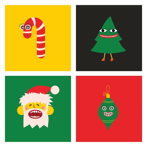 Feliz navidad y feliz año nuevo 2023 vector ilustraciones abstractas de moda de tarjeta navideña con ciervos de santa claus formas geométricas locas árbol de navidad y corona para cartel