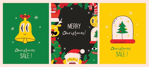 Feliz Navidad y Feliz Año Nuevo 2023 Vector ilustraciones abstractas de moda de tarjeta navideña con ciervos de santa claus formas geométricas locas árbol de navidad y corona para cartel
