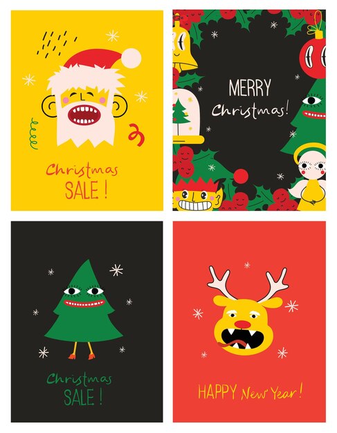 Feliz Navidad y Feliz Año Nuevo 2023 Vector ilustraciones abstractas de moda de tarjeta navideña con ciervos de santa claus formas geométricas locas árbol de navidad y corona para cartel