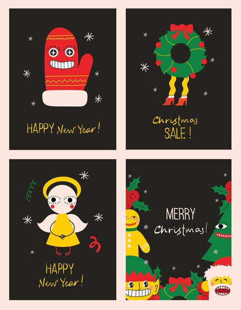 Feliz Navidad y Feliz Año Nuevo 2023 Vector ilustraciones abstractas de moda de tarjeta navideña con ciervos de santa claus formas geométricas locas árbol de navidad y corona para cartel