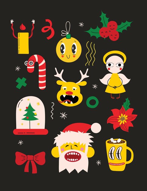 Feliz Navidad y Feliz Año Nuevo 2023 Vector ilustraciones abstractas de moda de tarjeta navideña con ciervos de santa claus formas geométricas locas árbol de navidad y corona para cartel