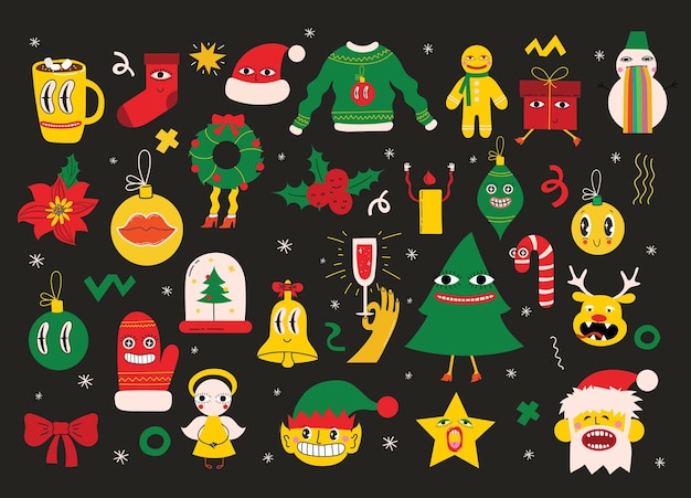 Feliz Navidad y Feliz Año Nuevo 2023 Vector ilustraciones abstractas de moda de tarjeta navideña con ciervos de santa claus formas geométricas locas árbol de navidad y corona para cartel