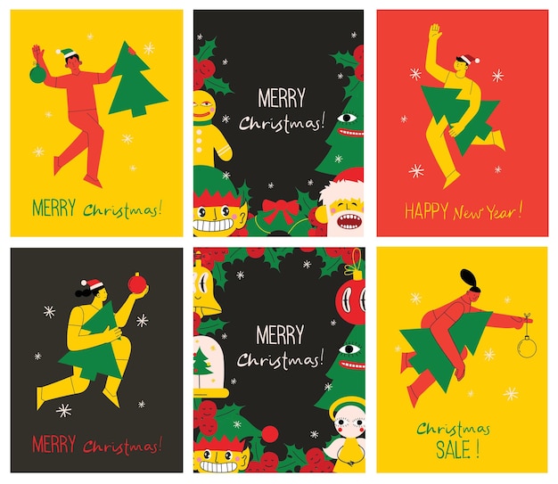 Feliz Navidad y Feliz Año Nuevo 2023 Vector ilustraciones abstractas de moda de tarjeta navideña con ciervos de santa claus formas geométricas locas árbol de navidad y corona para cartel